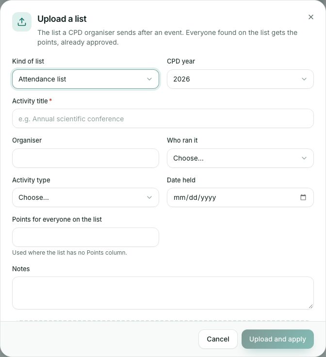 Uploading an attendance list.