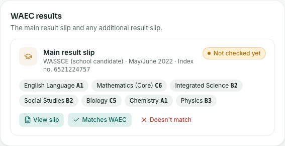 The WAEC results box with Matches WAEC and Doesn’t match for each slip.