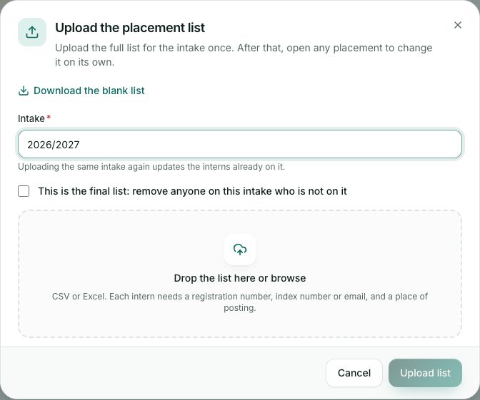 Upload the placement list for one intake.