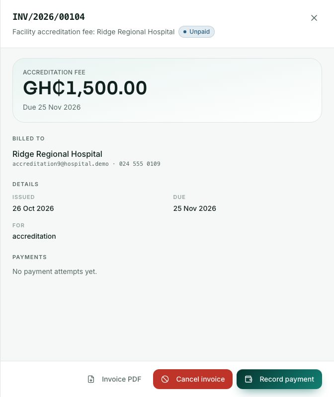 An unpaid invoice open on the right, with Record payment and Cancel invoice at the bottom.