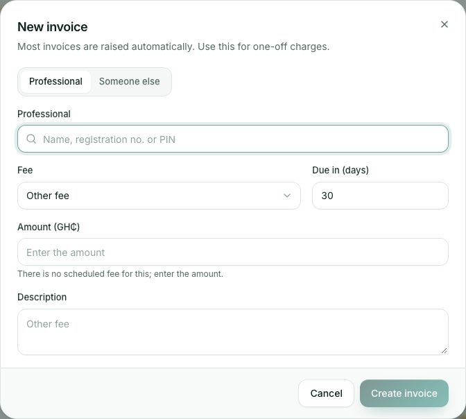 New invoice. Leave the amount empty to use the fee schedule.