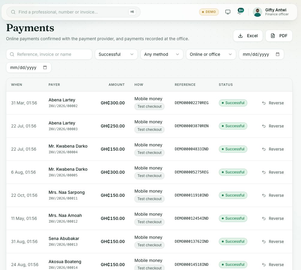 A successful payment has a Reverse button at the end of its row.