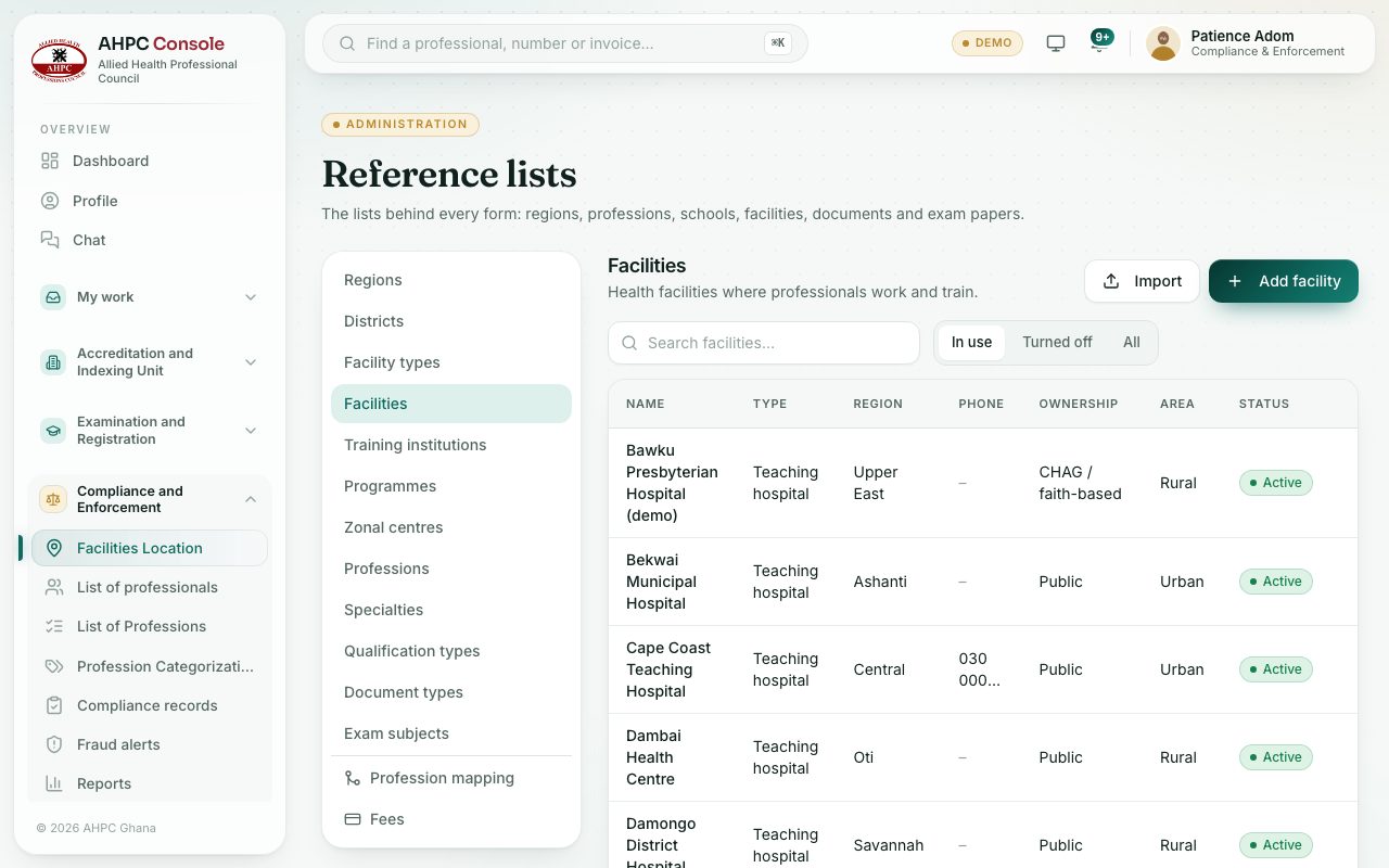 The facilities list, with type, region, phone, ownership and area.