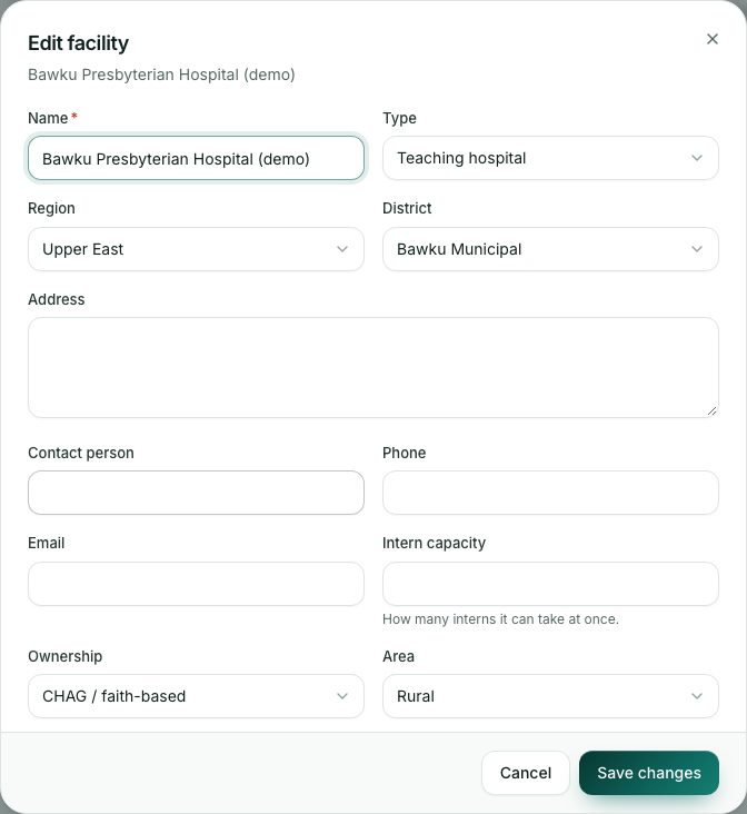 Press a facility to edit it.