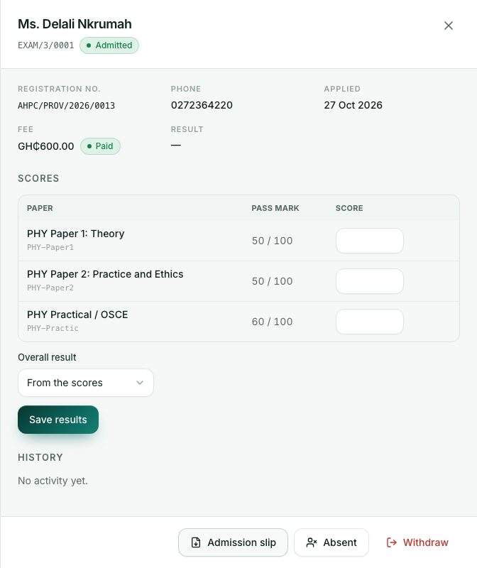 One candidate: exam number, fee, result and the buttons at the bottom.