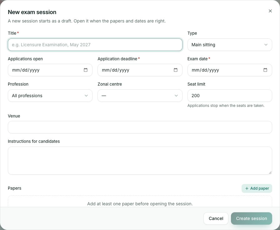 The New exam session form.