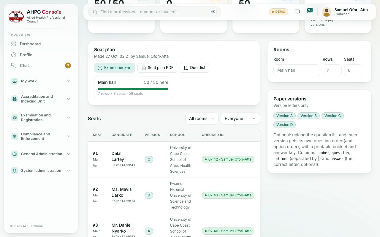 The Seat plan & check-in tab: the figures, the seat plan, the rooms and the paper versions.