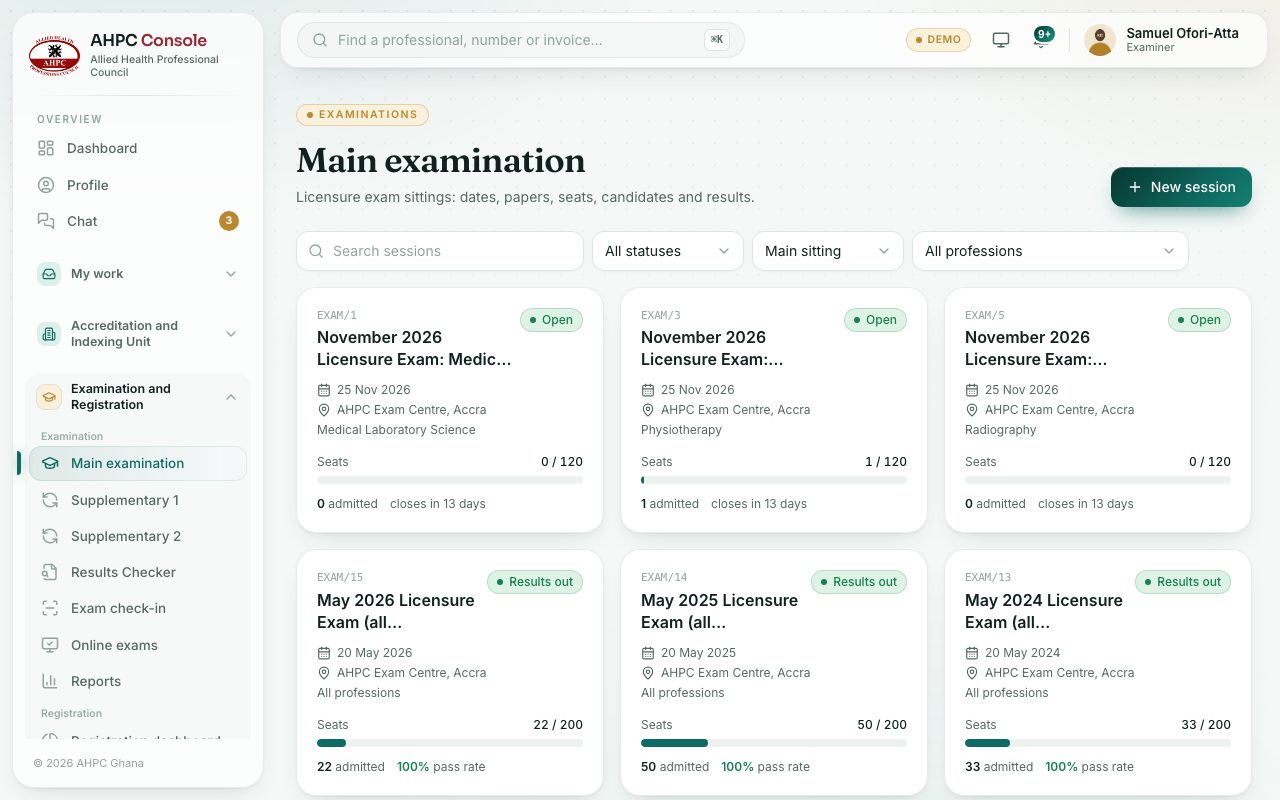 Main examination sessions as cards.