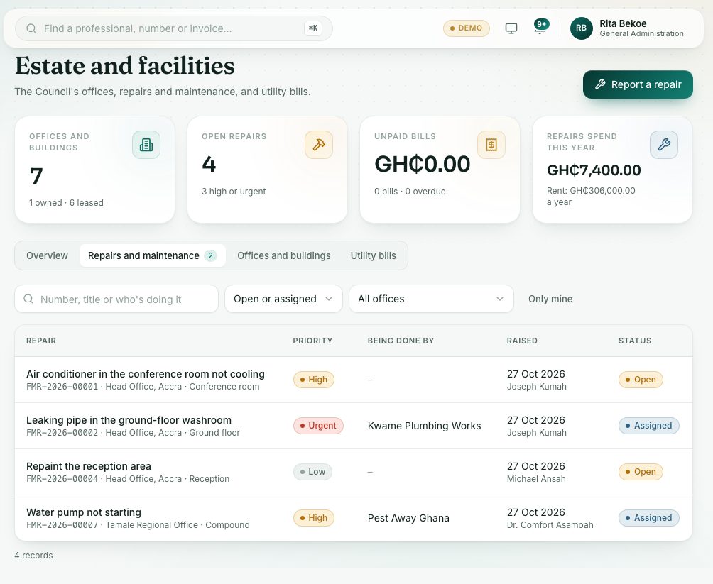 Estate and facilities: the Repairs and maintenance tab.