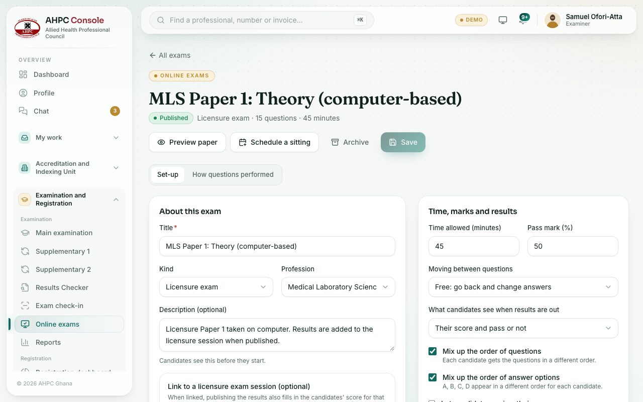 An exam’s Set-up tab: about the exam, and its sections.