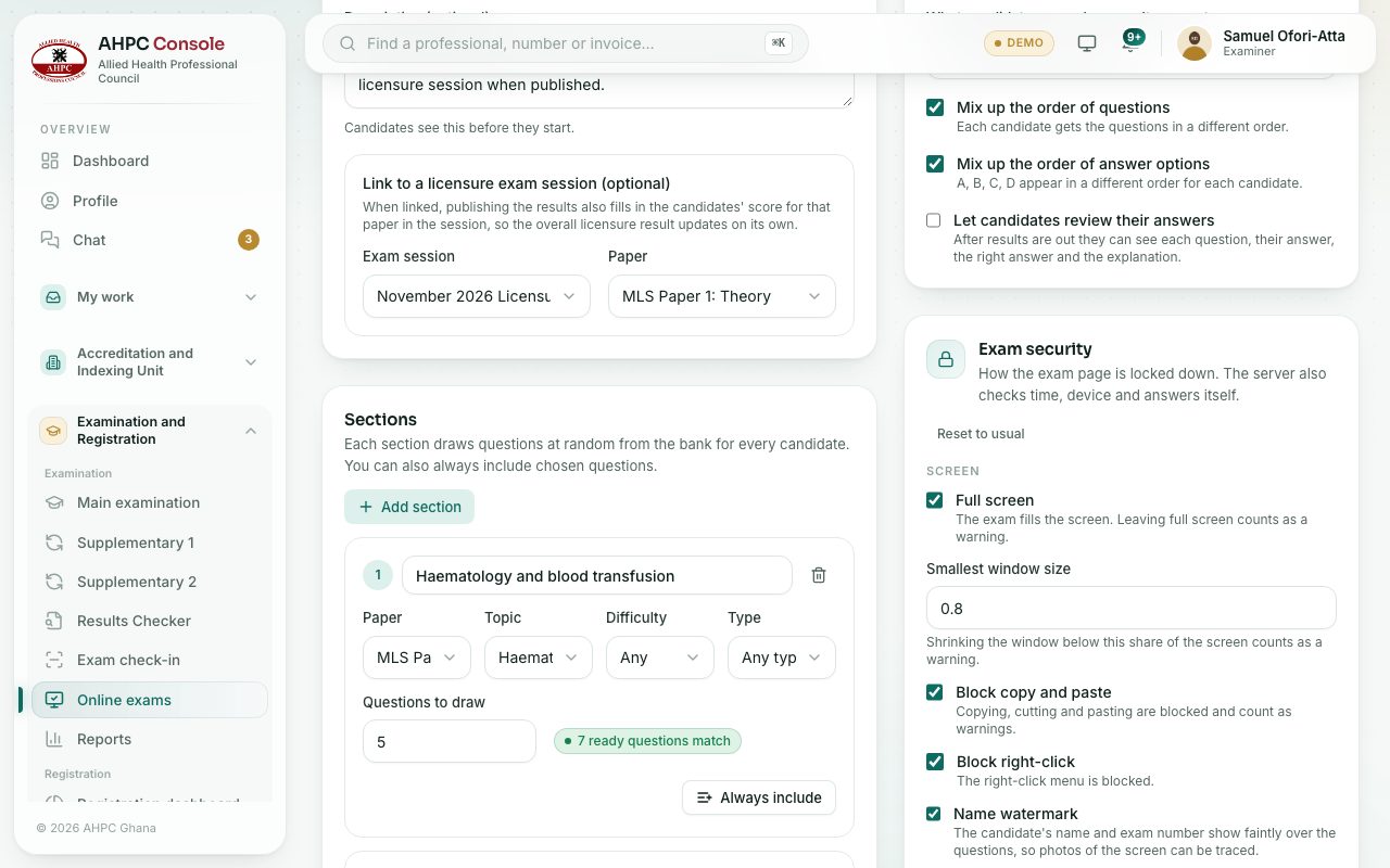 The Exam security settings with a short explanation under each one.