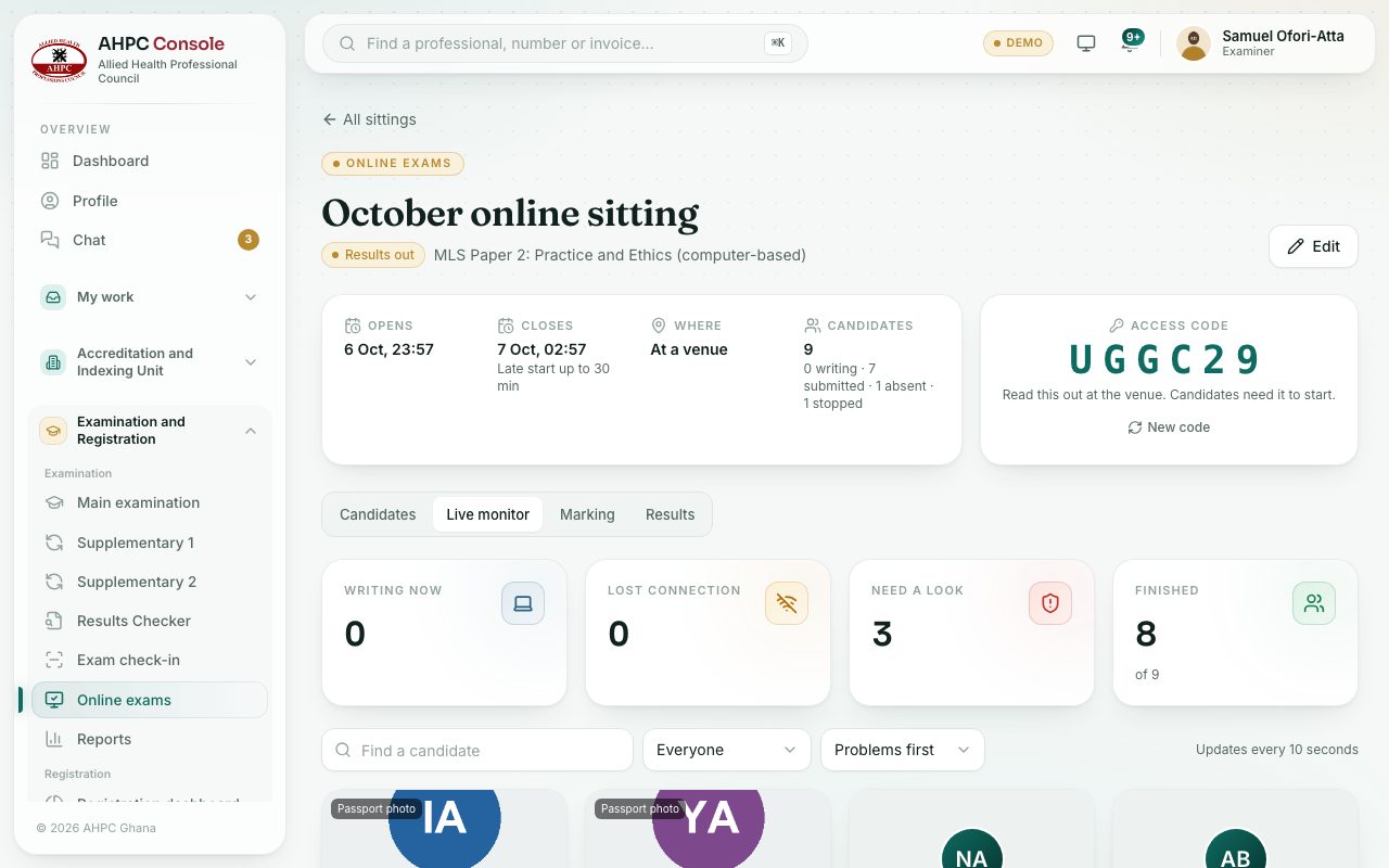 The Live monitor: one card per candidate.