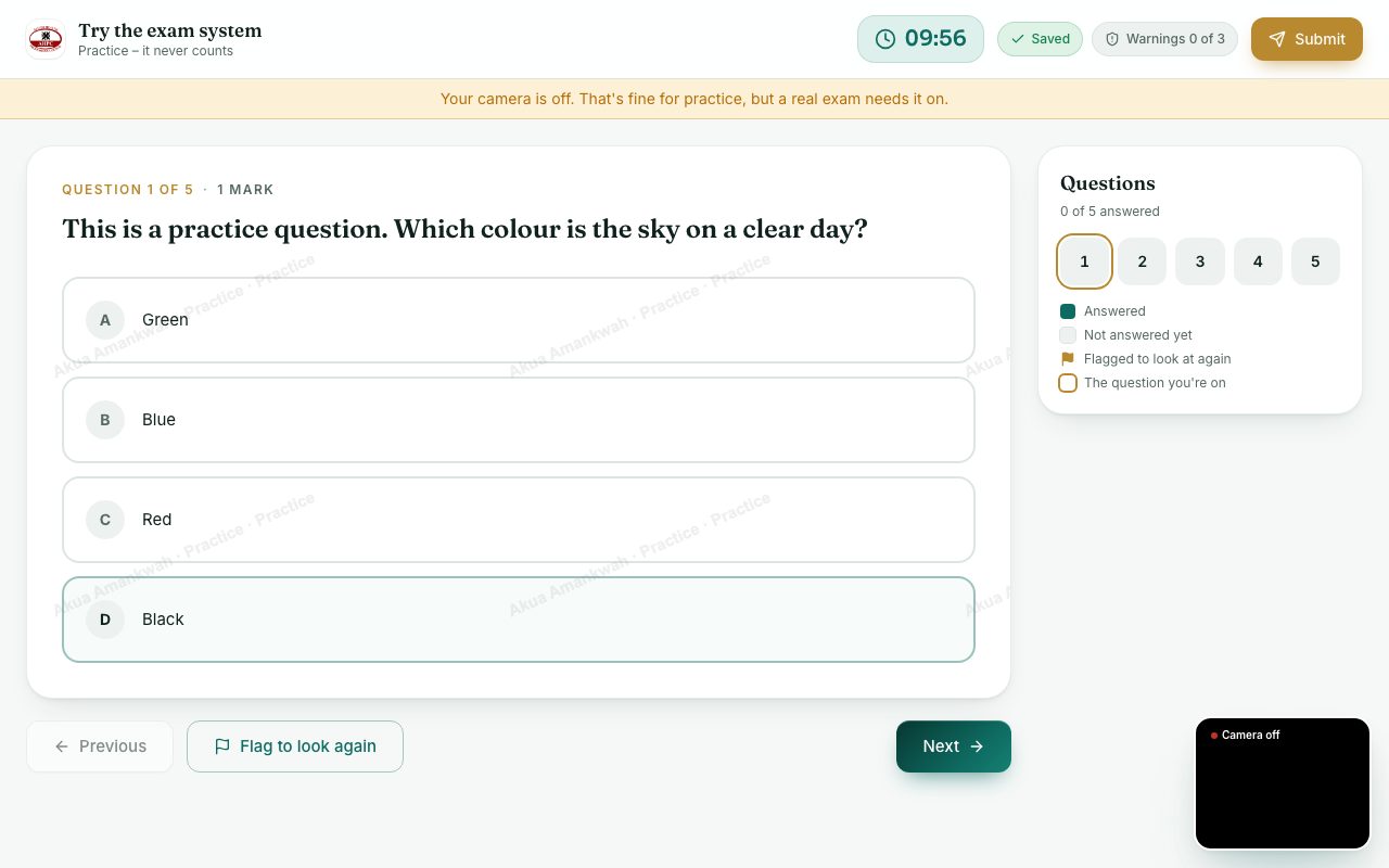 The exam screen (here the practice exam): clock, saving, warnings and the question list.