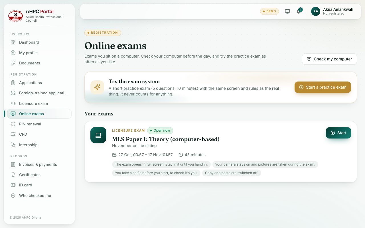 Online exams in the portal: the practice exam and your exams.