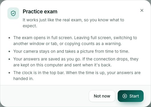 What to expect before the practice exam starts.