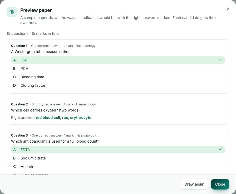 Preview paper: a sample paper with the right answers shown.