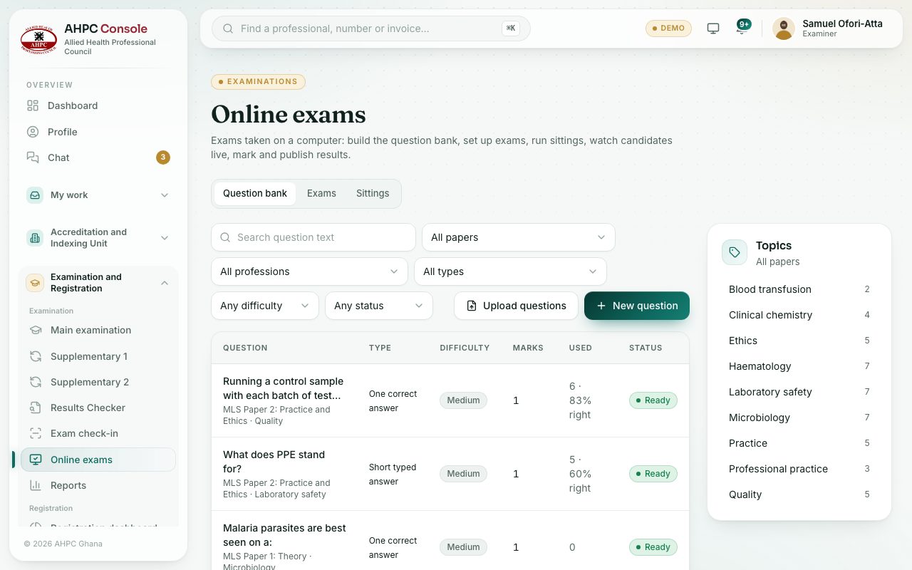 The Question bank tab: filters, the questions and the topics.