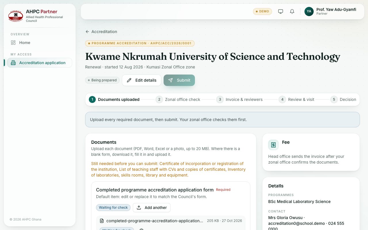 An application being prepared: the step bar, the document checklist and Submit at the top.