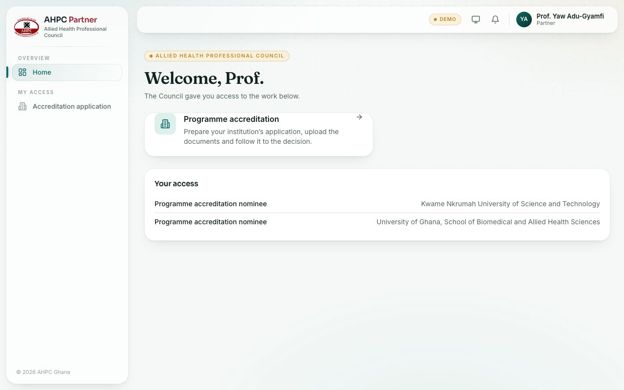 The partner Home page: one box for each kind of work, and Your access below.
