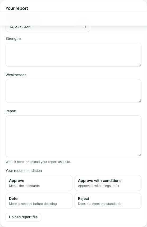 Your report: the visit date, strengths, weaknesses, report and recommendation.