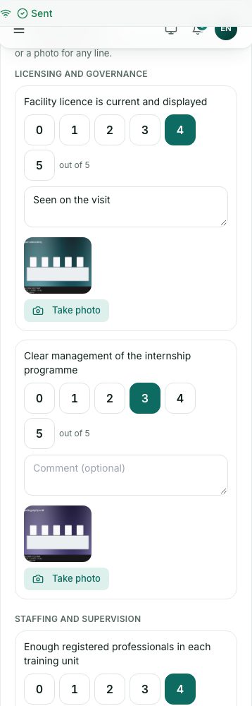 3. Visitation form: tap a score, add a comment, or Take photo for a line.