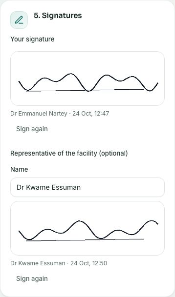 5. Signatures: yours, and the representative of the place.