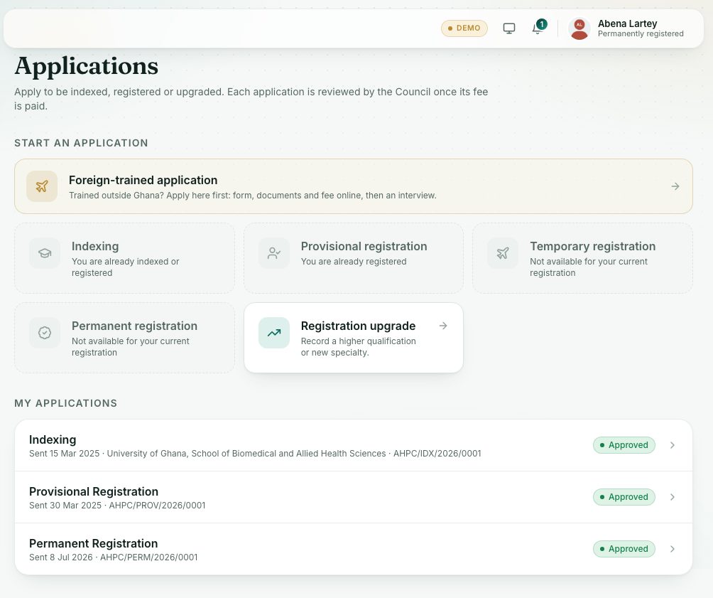 Start an application at the top; My applications below.