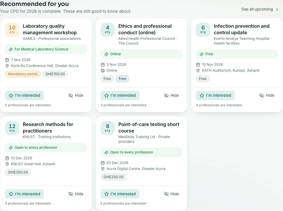 Recommended for you: courses and events with their points, date, place, fee and why they suit you.