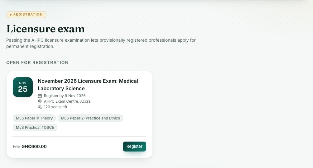 Licensure exam: sessions open for registration, with the date, deadline, venue, seats, papers and fee.