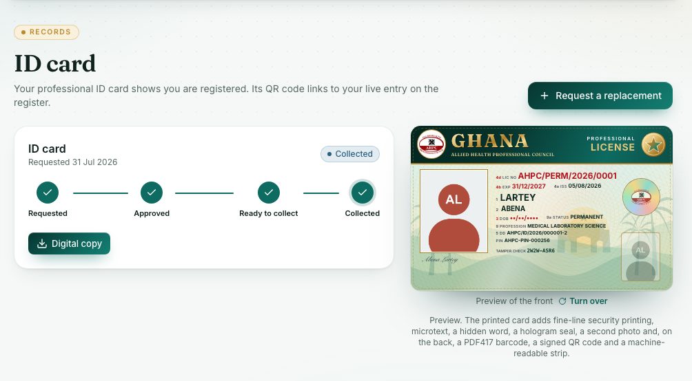 ID card: the tracker on the left and a preview of the card on the right.