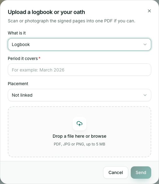 Upload a logbook or your oath.