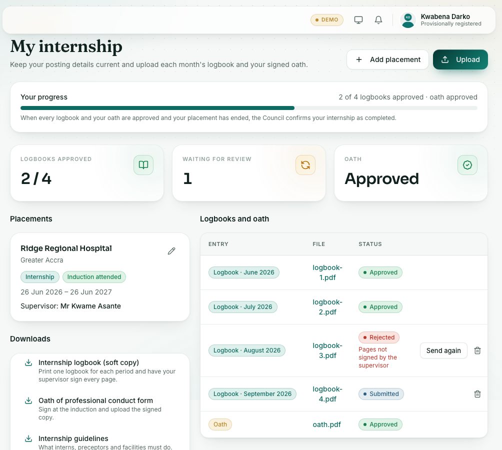 My internship: progress, placements, downloads and preceptors on the left, logbooks and oath on the right.