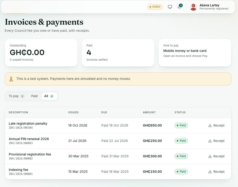 Invoices & payments with the All tab open.