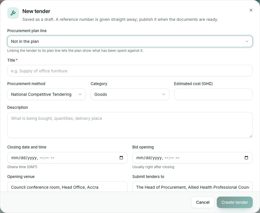New tender. It is saved as a draft with a reference number.
