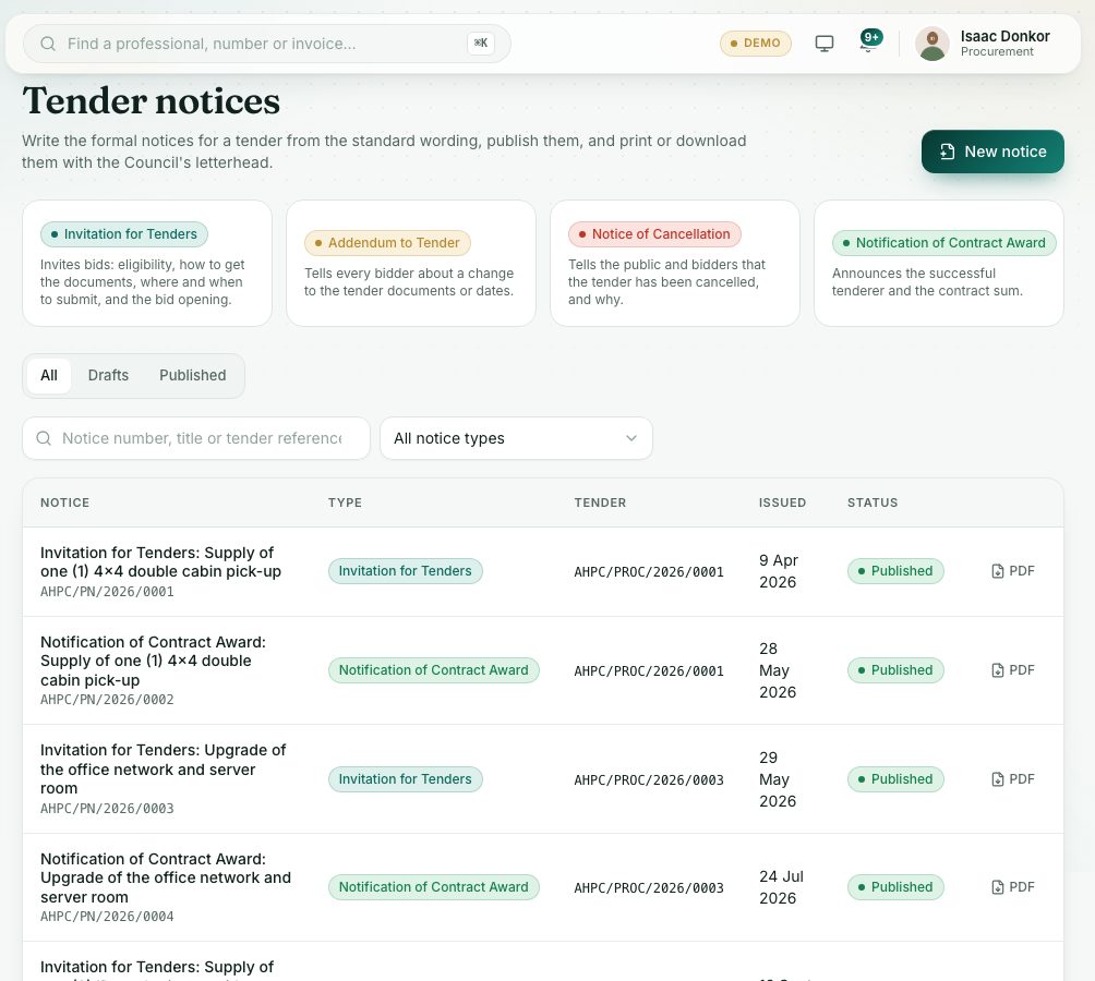 Tender notices: the four kinds at the top, then every notice.
