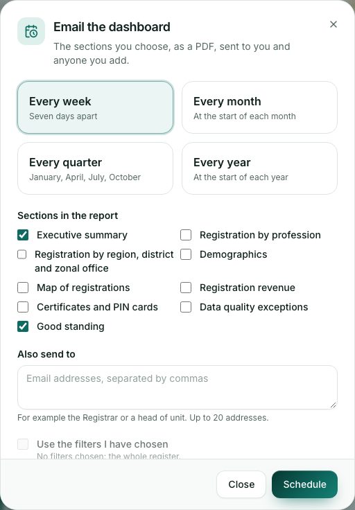 Email the dashboard: how often, the sections and who else gets it.