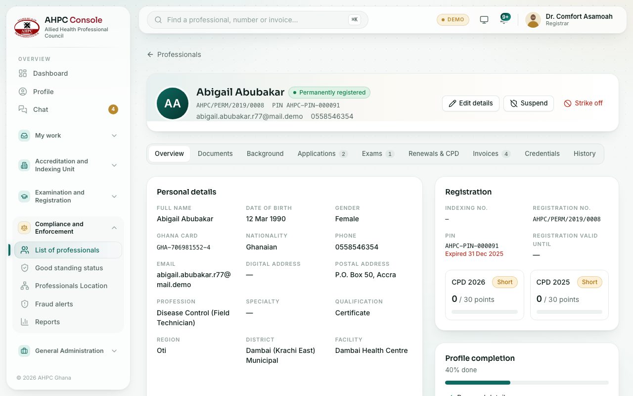 A professional’s record, with the status buttons at the top right.