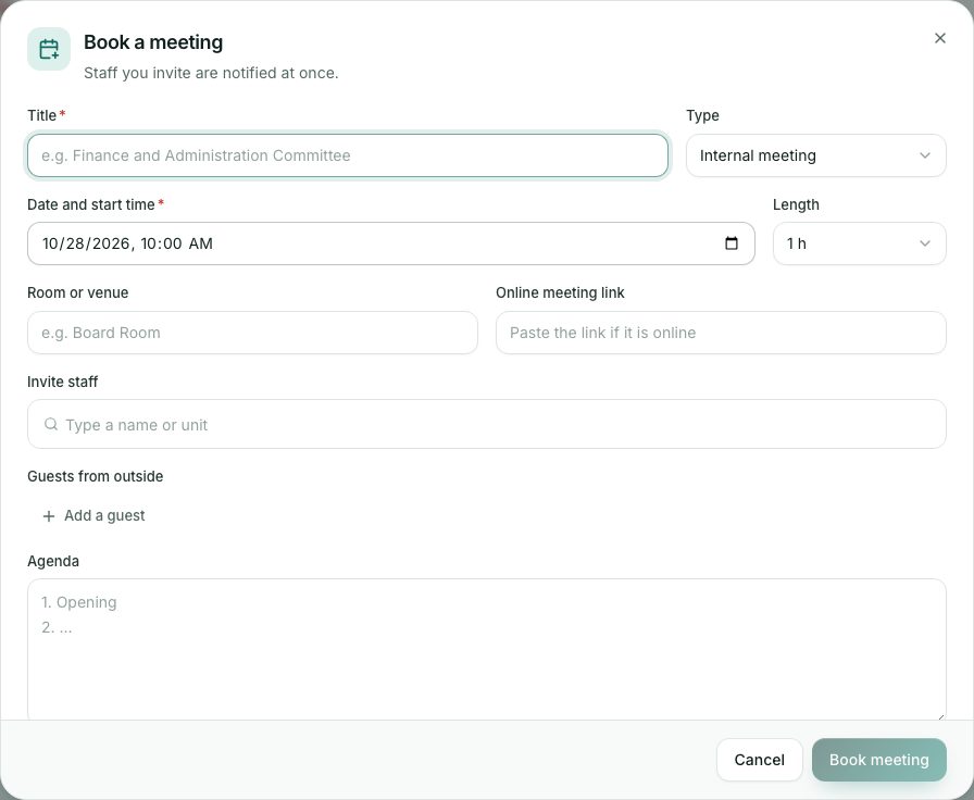 Booking a meeting: the form checks the room is free.