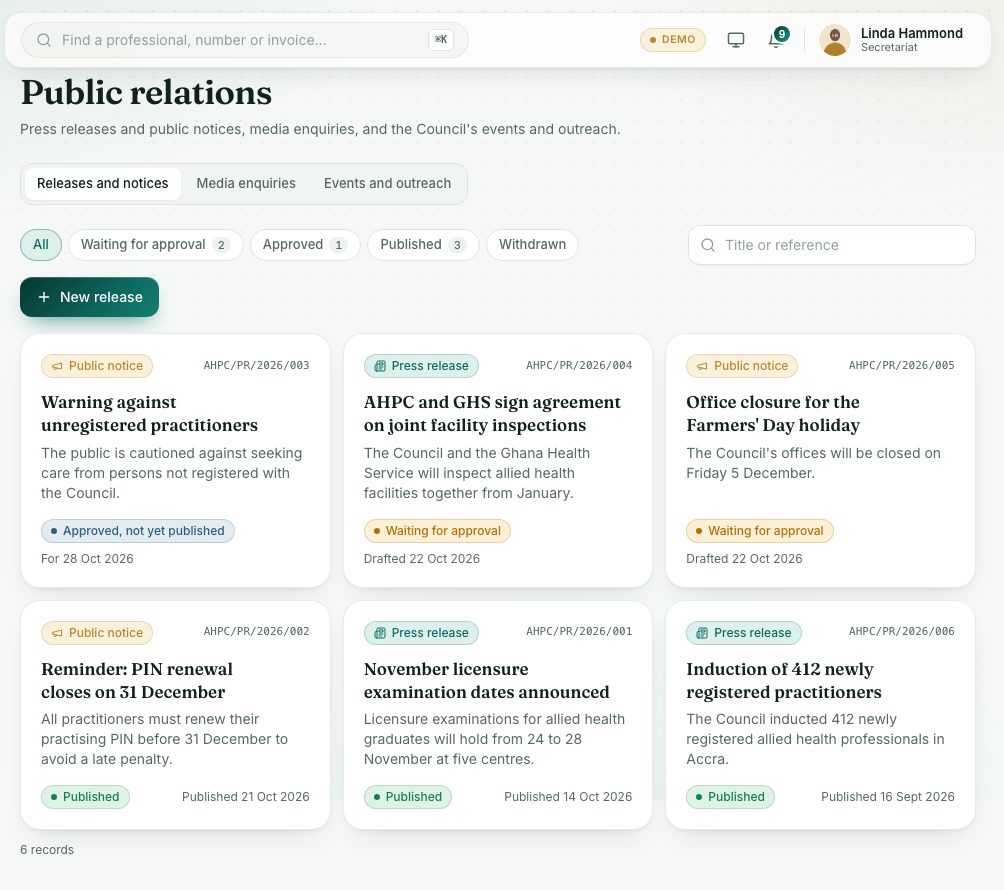 Releases and notices, with their approval status.