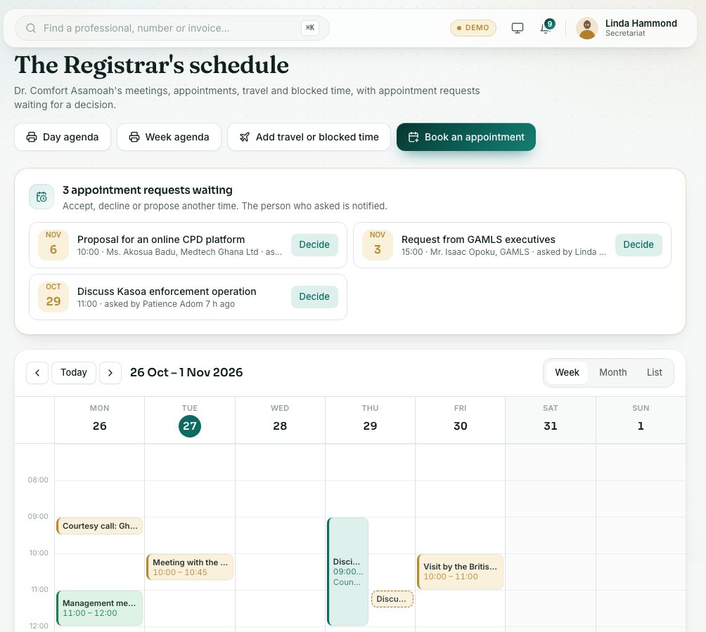 The Registrar's schedule, with requests waiting for a decision.
