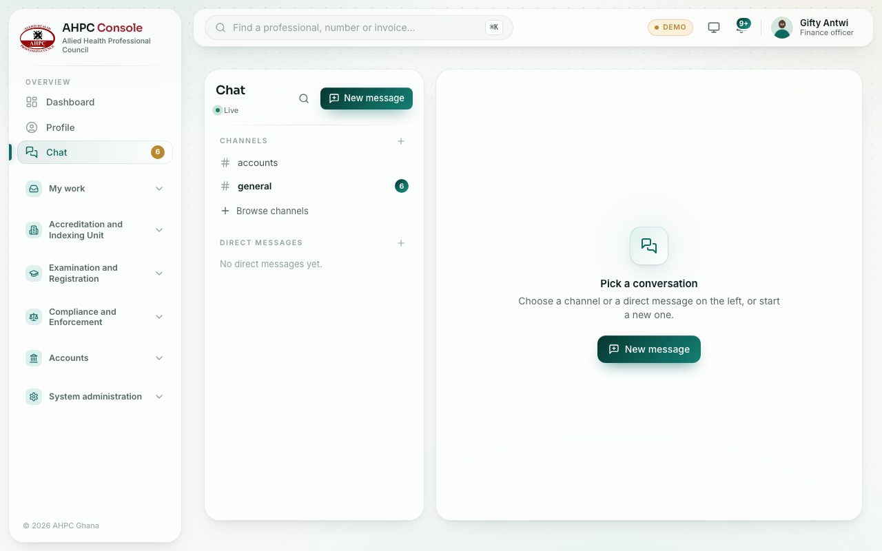 Chat: channels and direct messages on the left.