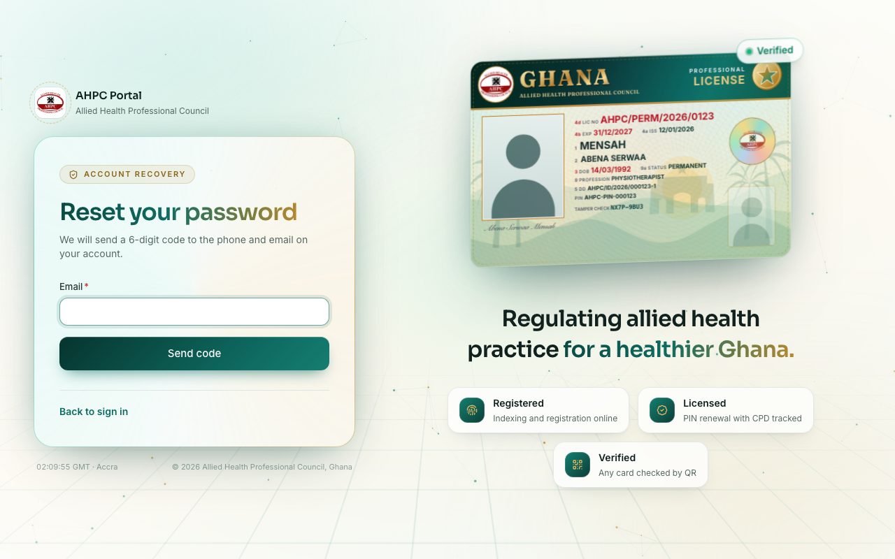 Reset your password: a 6-digit code goes to your phone and email.