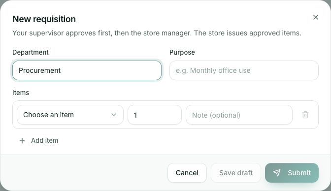 New requisition: department, purpose and the items you need.