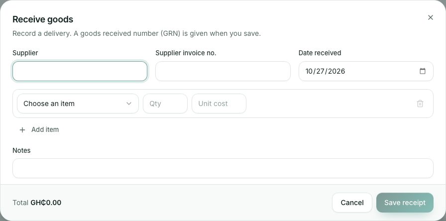 Receive goods: supplier details at the top, one line per item.