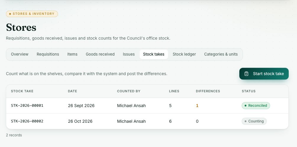 Stock takes with their lines, differences and status.