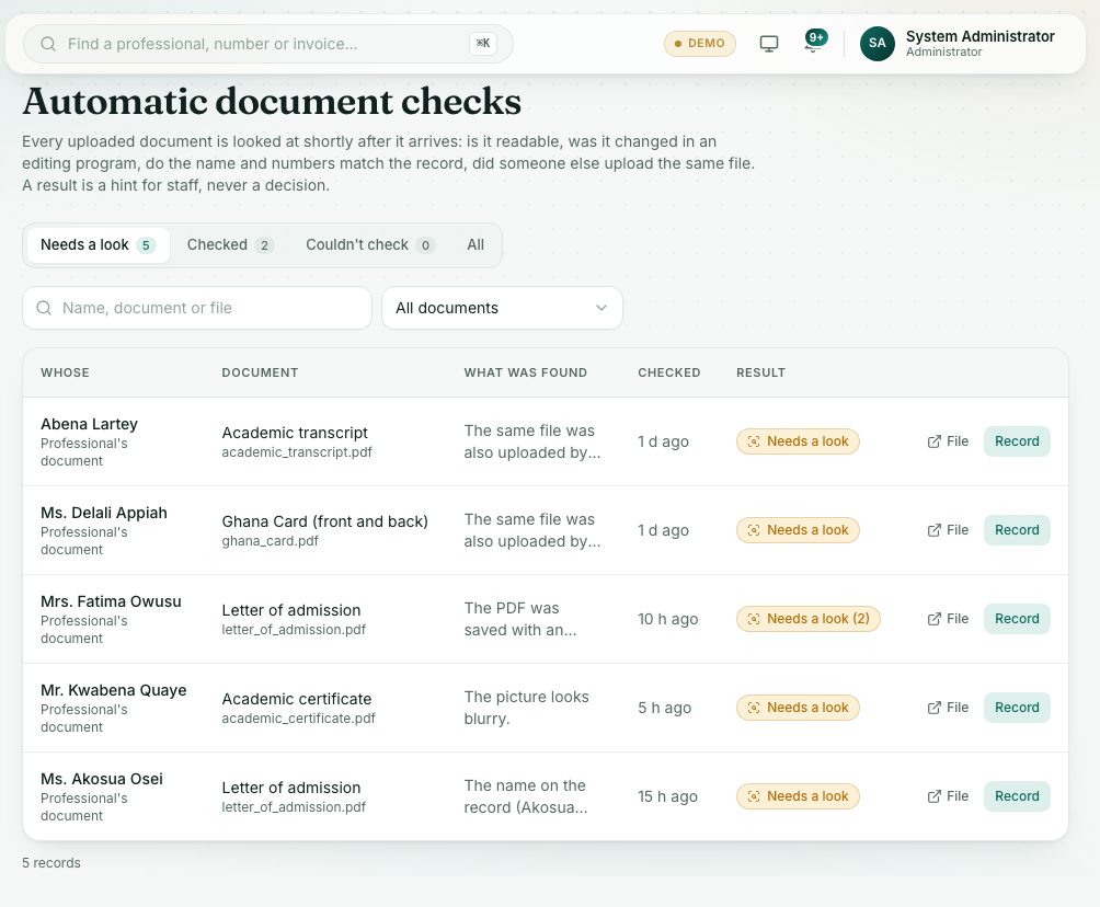 Automatic document checks: documents that need a look, with what was found.