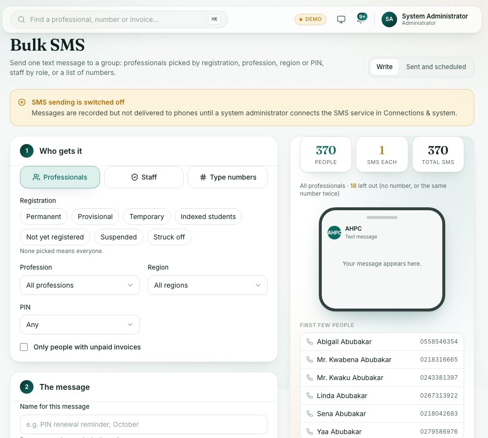 Bulk SMS: who gets it, the message, when, and a phone preview.