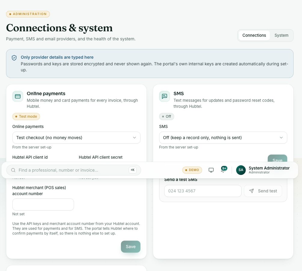 The SMS and Email cards, each with its own test box.