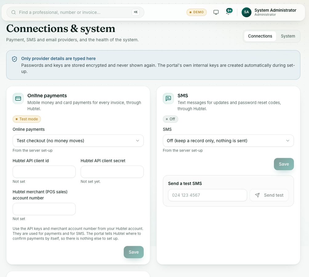 Connections: Online payments, SMS and Email cards.