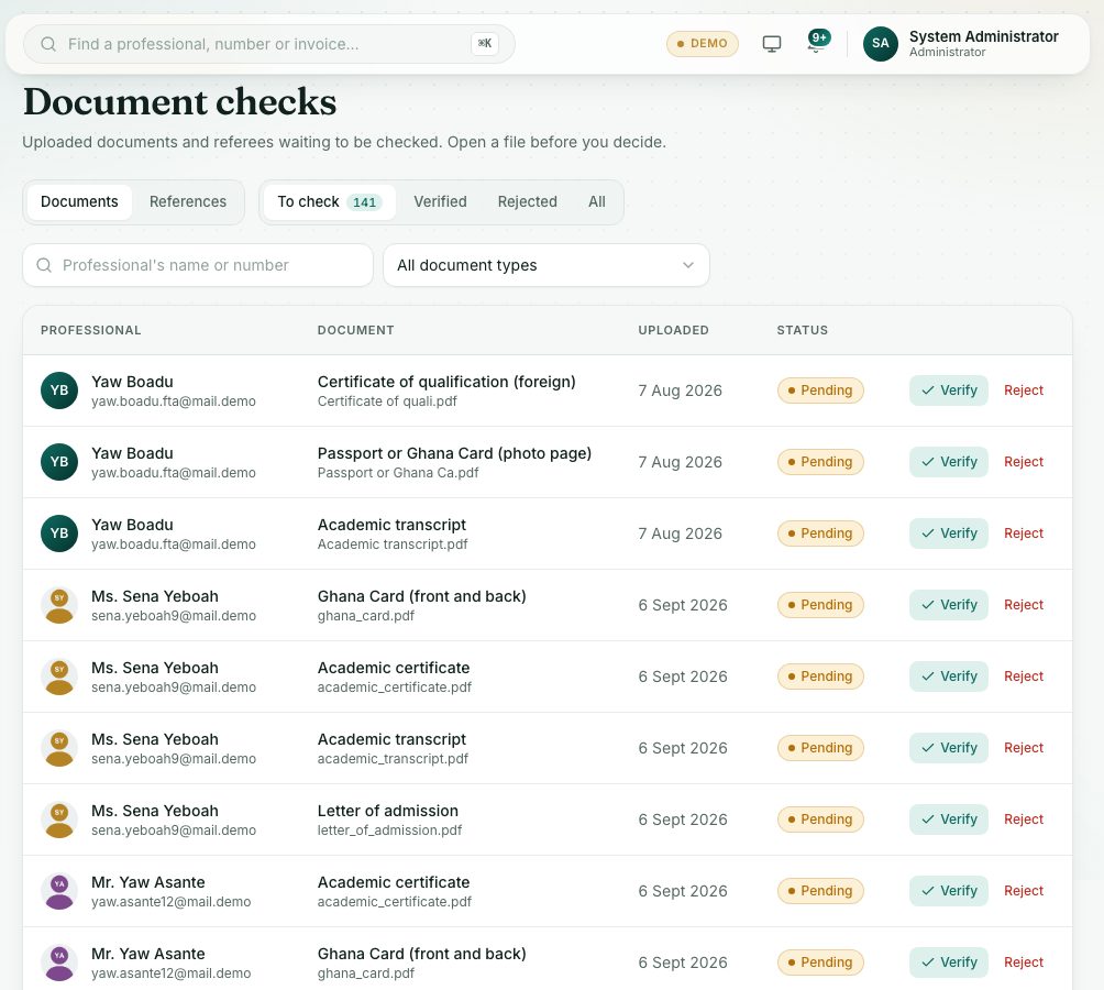 Document checks: documents to check, with Verify and Reject on each row.